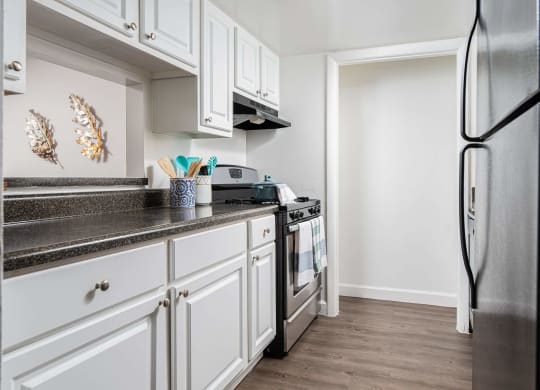 a kitchen with white cabinets and stainless steel appliances  at The Park at Chesterfield Apartment Homes, Florida, 33617