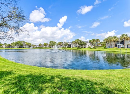a lake with a fountain in the middle of a grassy field at Waterford Park Apartment Homes, LLC, Lauderhill Florida