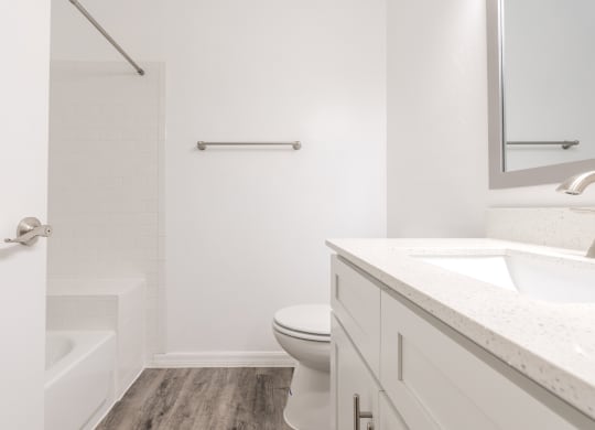 a bathroom with a toilet sink and shower and a mirror  at Fisherman's Landing Apartment Homes, Tampa, Florida