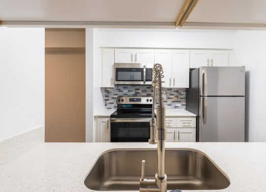 a kitchen with stainless steel appliances and a sink  at Fisherman's Landing Apartment Homes, Tampa, FL, 33637