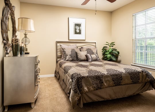 a bedroom with a bed and a dresser and a window at Madison Oaks Apartment Homes, LLC, Palm Harbor Florida