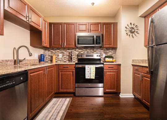 full kitchen with stainless steel appliances and wooden cabinets at Madison Oaks Apartment Homes, LLC, Palm Harbor, FL