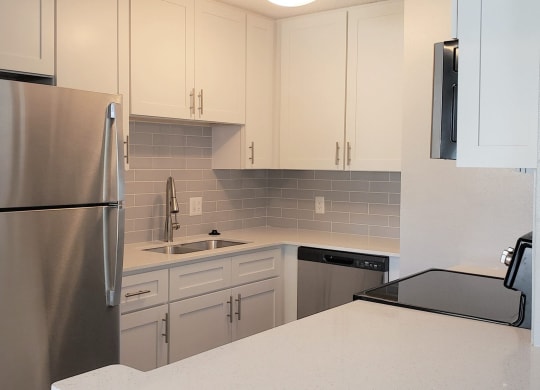a kitchen with white cabinets and a stainless steel refrigerator at Madison Oaks Apartment Homes, LLC, Palm Harbor