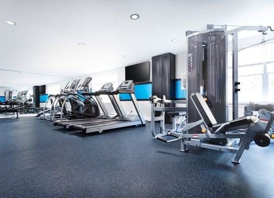 a large fitness gym with cardio equipment and a large window at Aspen Grove Apartment Homes, Warminster, PA