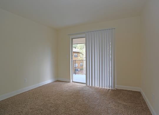 A room with a carpeted floor and a sliding glass door.