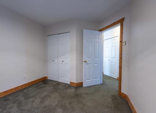 a bedroom with two doors and a carpeted floor