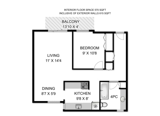 a floor plan of a studio apartment with a bedroom and a living room