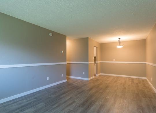 A room with wooden flooring and a single light fixture.