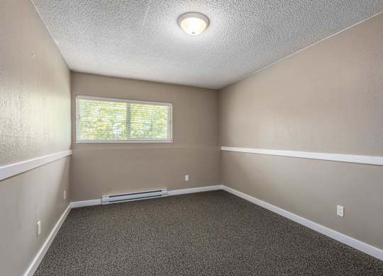 A room with a window and carpeted floor.