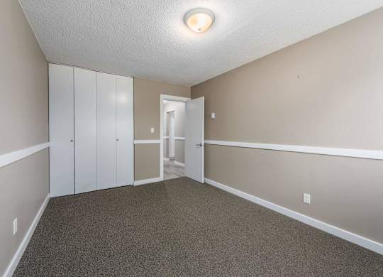 A room with a white ceiling, a white door, and a white cabinet.