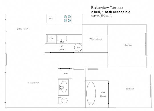 A floor plan of a bakerview terrace apartment with two bedrooms and one bathroom.