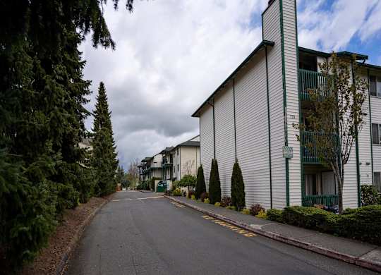 A street view of a residential area with apartment buildings on the right and trees on the left.