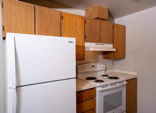 A white fridge and stove in a kitchen with wooden cabinets.