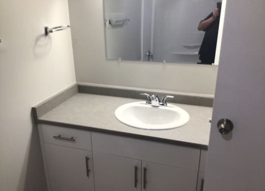 a bathroom with a sink and a mirror