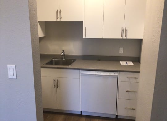 a small kitchen with white cabinets and a white dishwasher
