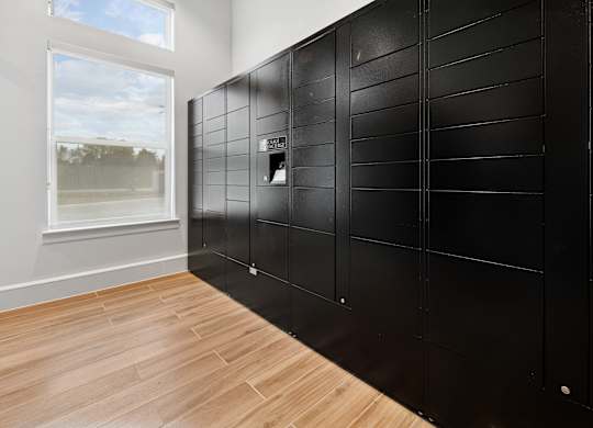 A room with black package receiving mailboxes and wooden flooring. at Allegra at Cocoa in Cocoa, FL, 32926