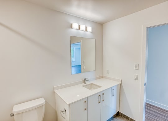 a bathroom with a mirror and a toilet and a sink