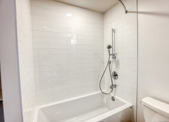 a bathroom with a shower and a tub and a toilet