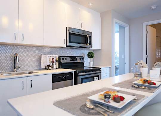 a white kitchen with a plate of food on the counter
