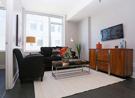 a living room with a black couch and a television