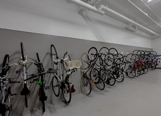 a group of bikes parked in a room