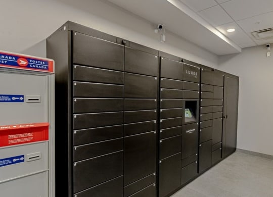 a group of metal lockers in a room