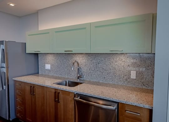 a kitchen with a sink and cabinets and a refrigerator