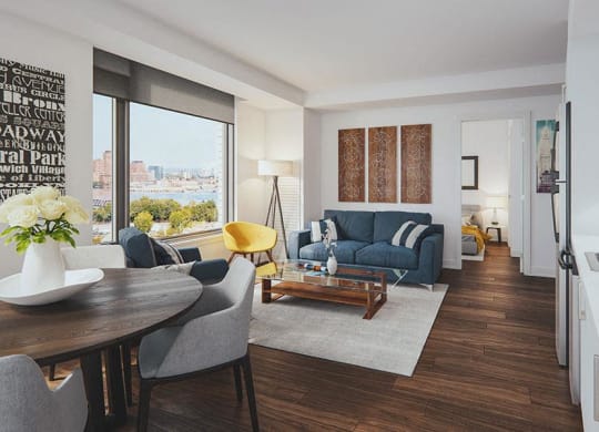 a living room with a couch and a table
