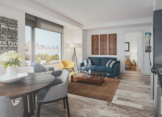 a living room with a couch and a table