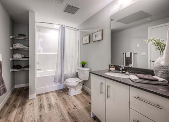 a bathroom with a toilet and a shower and a sink