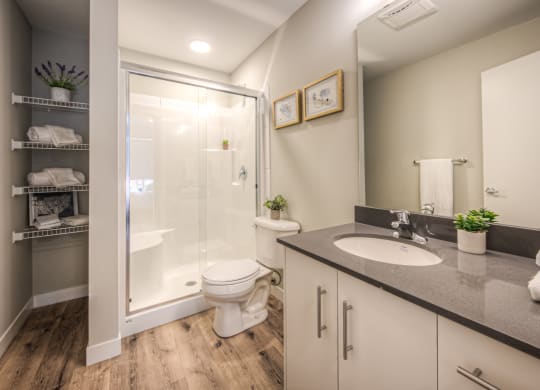 a bathroom with a toilet sink and shower