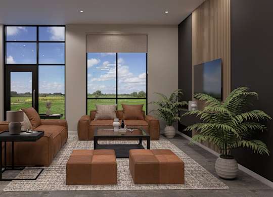 A modern living room with a large window and a view of the sky.