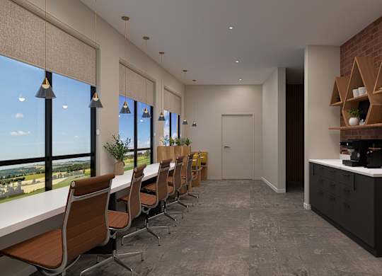 A conference room with a long table and chairs, a brick wall, and a view of the city.