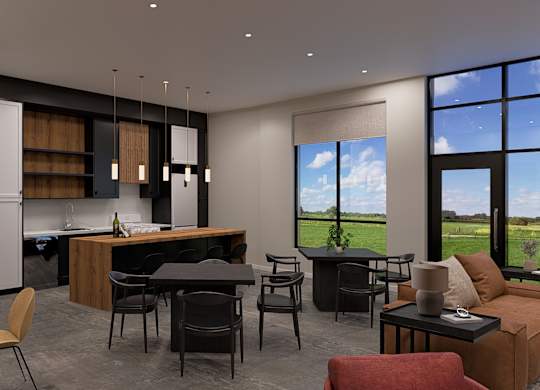 A modern kitchen and dining area with a view of the outdoors.