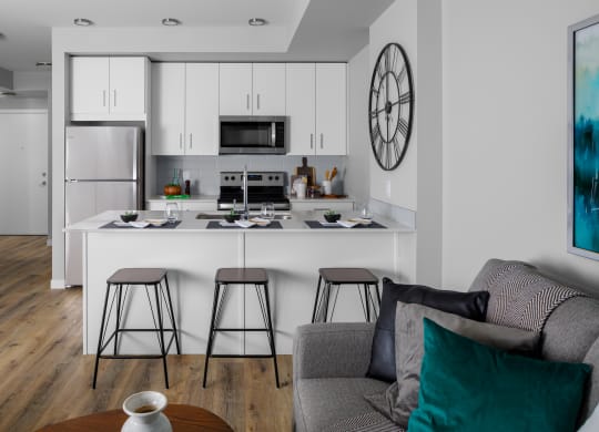 a kitchen and living room in a 555 waverly unit