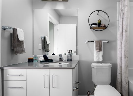 a small bathroom with white cabinets and a white toilet