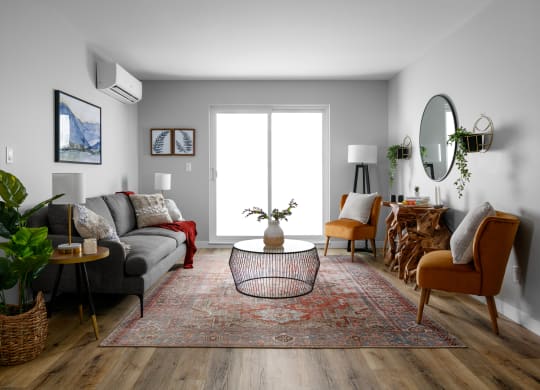 a living room with gray walls and a red rug
