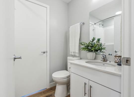 A white bathroom with a toilet, sink, and mirror.