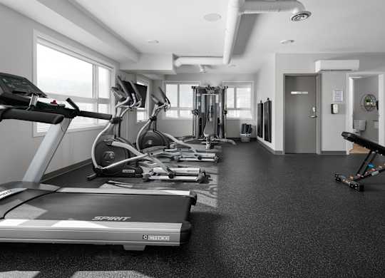 A gym with treadmills, elliptical machines, and other exercise equipment.