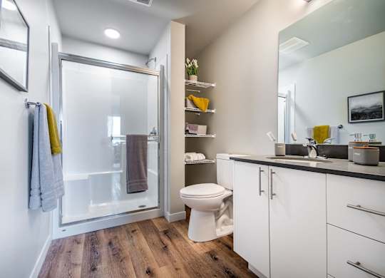 A bathroom with a toilet, sink, and mirror.