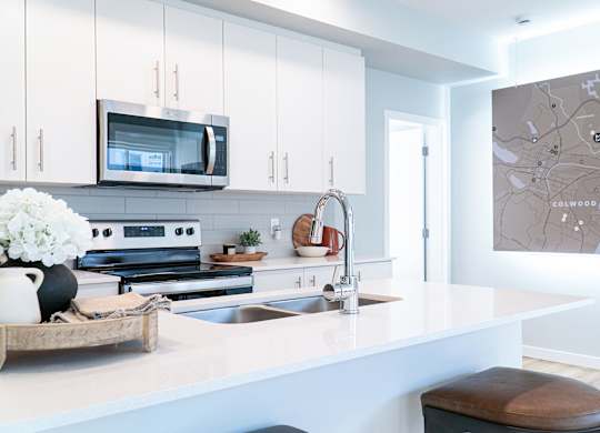 A modern kitchen with a white countertop and a map on the wall.