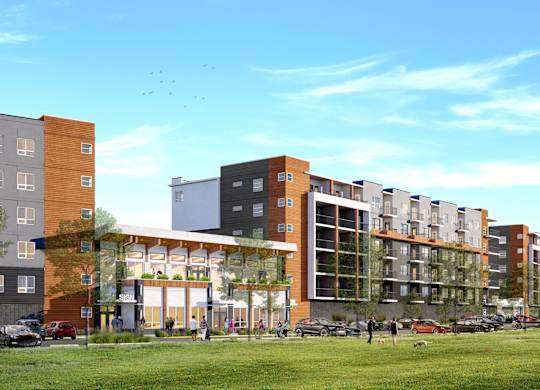 A row of modern apartment buildings are shown in the image.