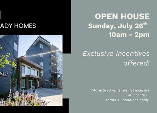 A real estate open house event is advertised for Sunday, July 26th from 10am to 2pm.