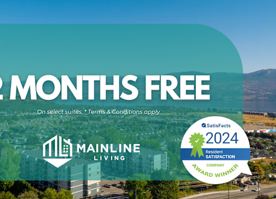 A promotional image for Mainline Living offers 2 months free on select suites with terms and conditions applying.