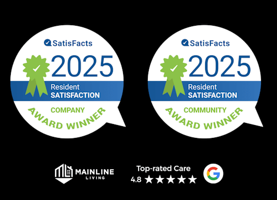 Two badges indicating a company and community resident satisfaction award.