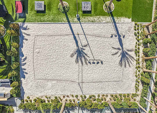 A sandy area with palm trees and a sign that says