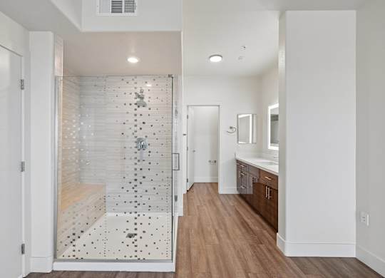 A bathroom with a walk-in shower and wooden floors.