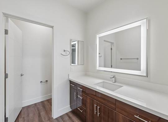 A bathroom with a white sink and a large mirror.