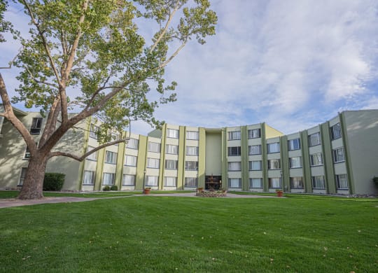 a building with green grass and a tree in front of it at Regency Park, Reno, NV