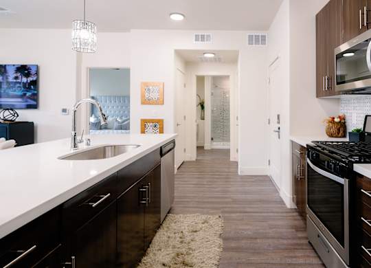 A modern kitchen with dark wood cabinets and stainless steel appliances.